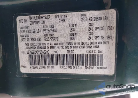 2000 Dodge Dakota Slt/Sport z USA, uszkodzony, nr VIN 1B7GG22X9YS545209